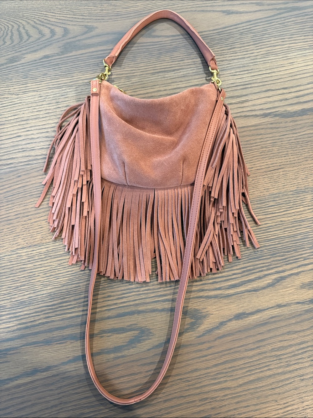 Clare V Fringe Suede Shoulder Bag in Dusty Rose